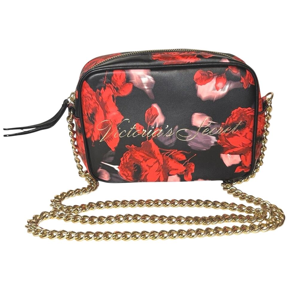 Victoria’s Secret Floral Crossbody Bag Black Red Gold Chain Small Purse 9x6